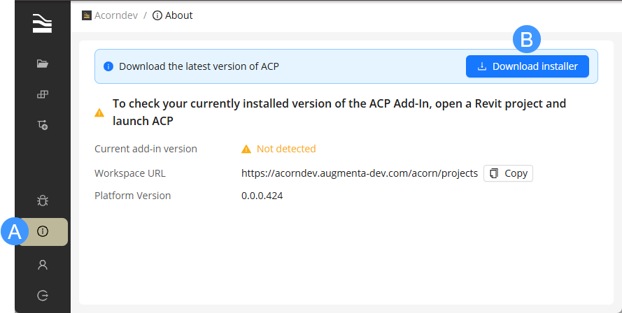 Information about the ACP Add-In, including version details and download options.